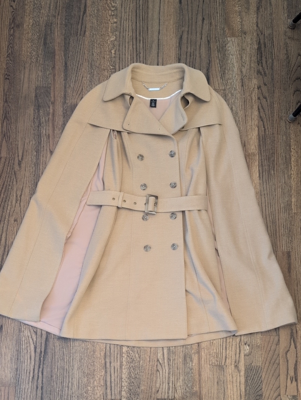 White House Black Market Beige Double-Breasted Belted Cape Coat